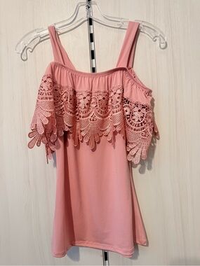 Pink Cold-Shoulder Lace Trim Tank Top